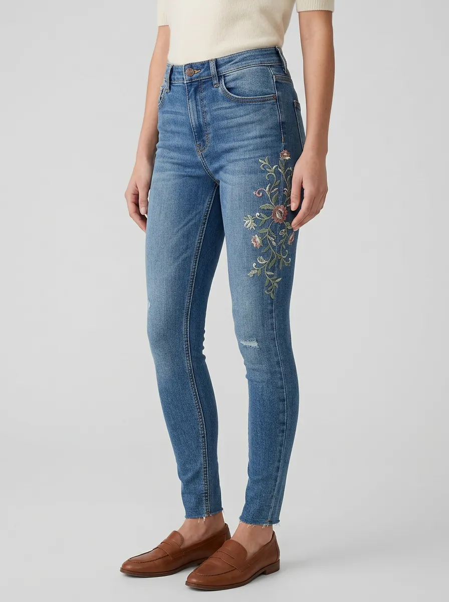 Women's Floral Embroidery Pattern Printed Slim Fit Jeans