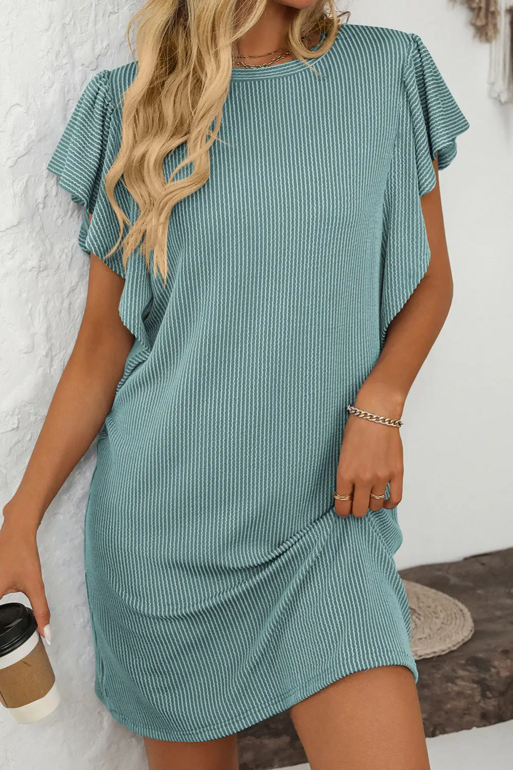 Corded Ruffle Sleeve Crew Neck Shift Dress