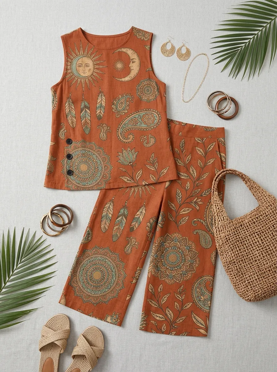 Women's Bohemian Sun Moon Feather Printed Sleeveless Set