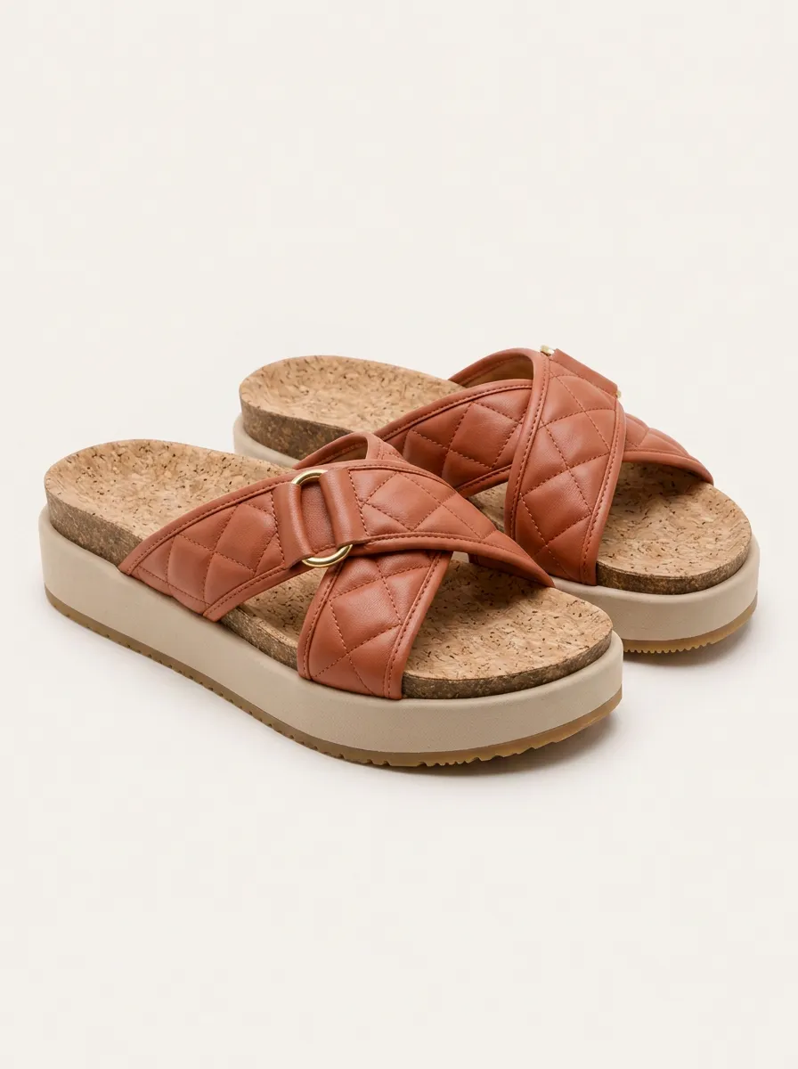 Women's Brown Quilted Cross Strap Cork Platform Sandals