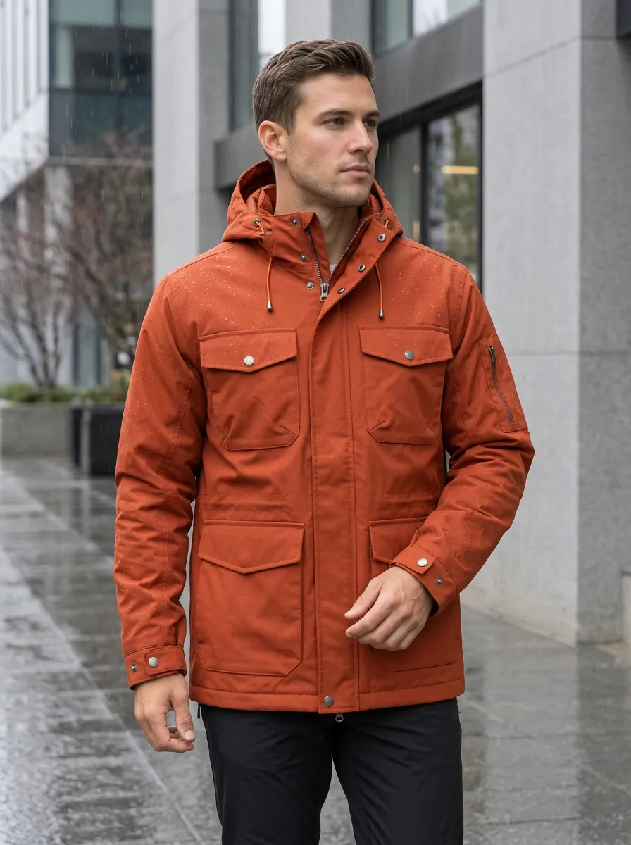 Men's Rust Orange Hooded Waterproof Jacket