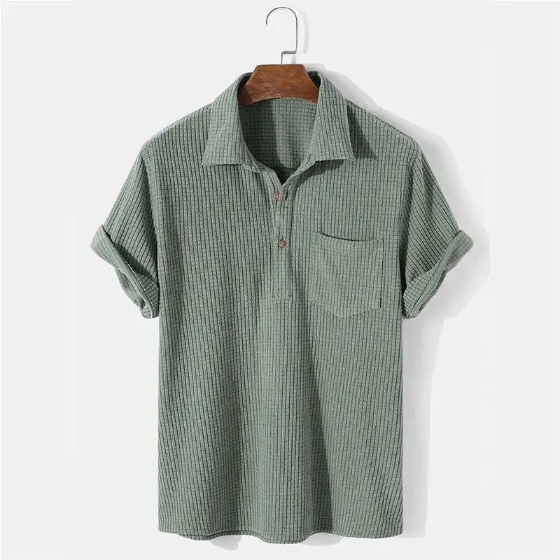 Waffle Texture Button Placket Chest Pocket Fine Knit Polo Shirt