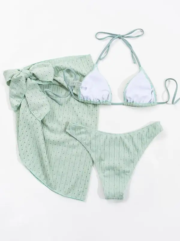 Lace Up Textured Layered Bikini Swim Set