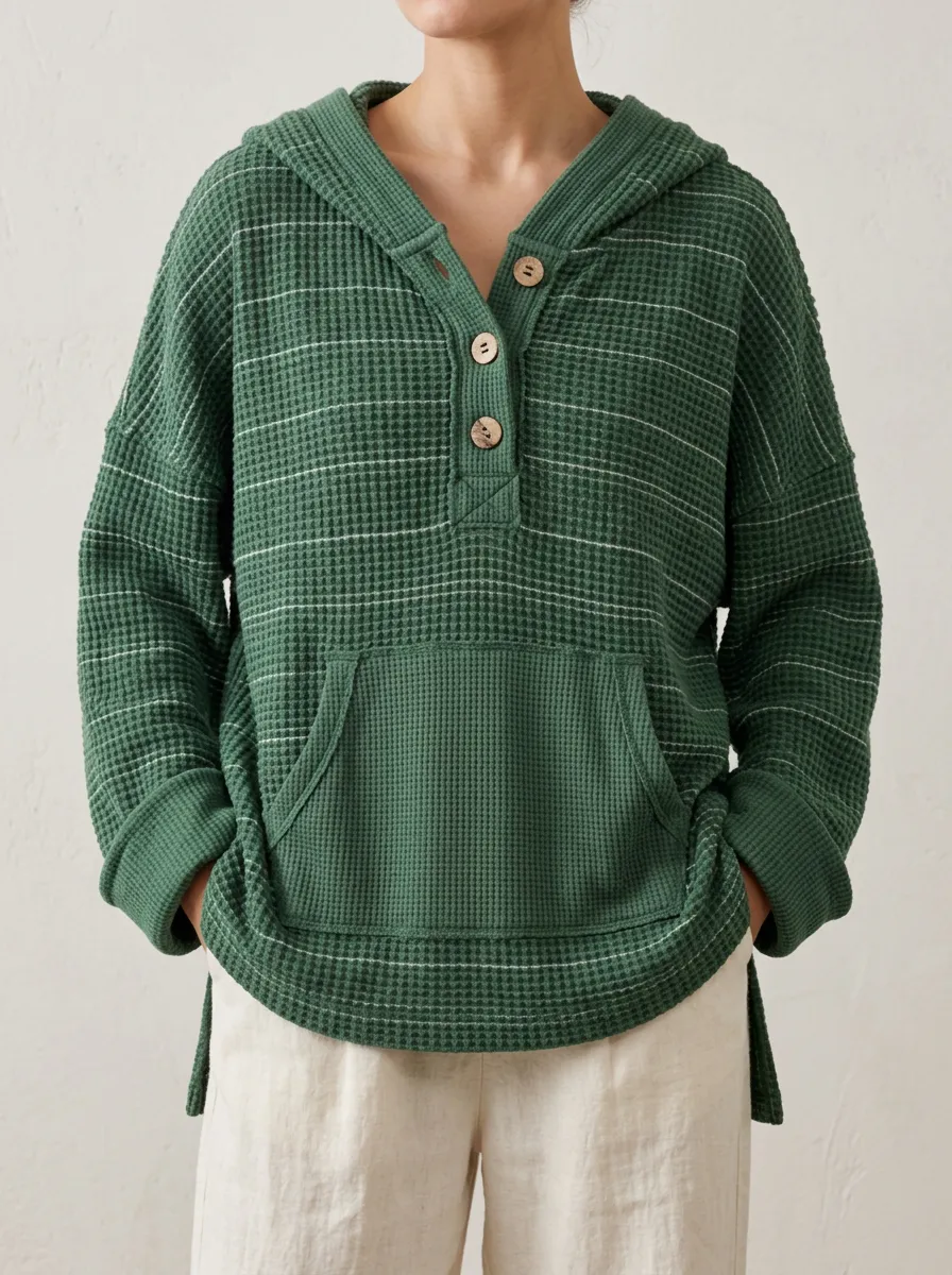 Women's Green Striped Waffle Knit Button Hooded Top