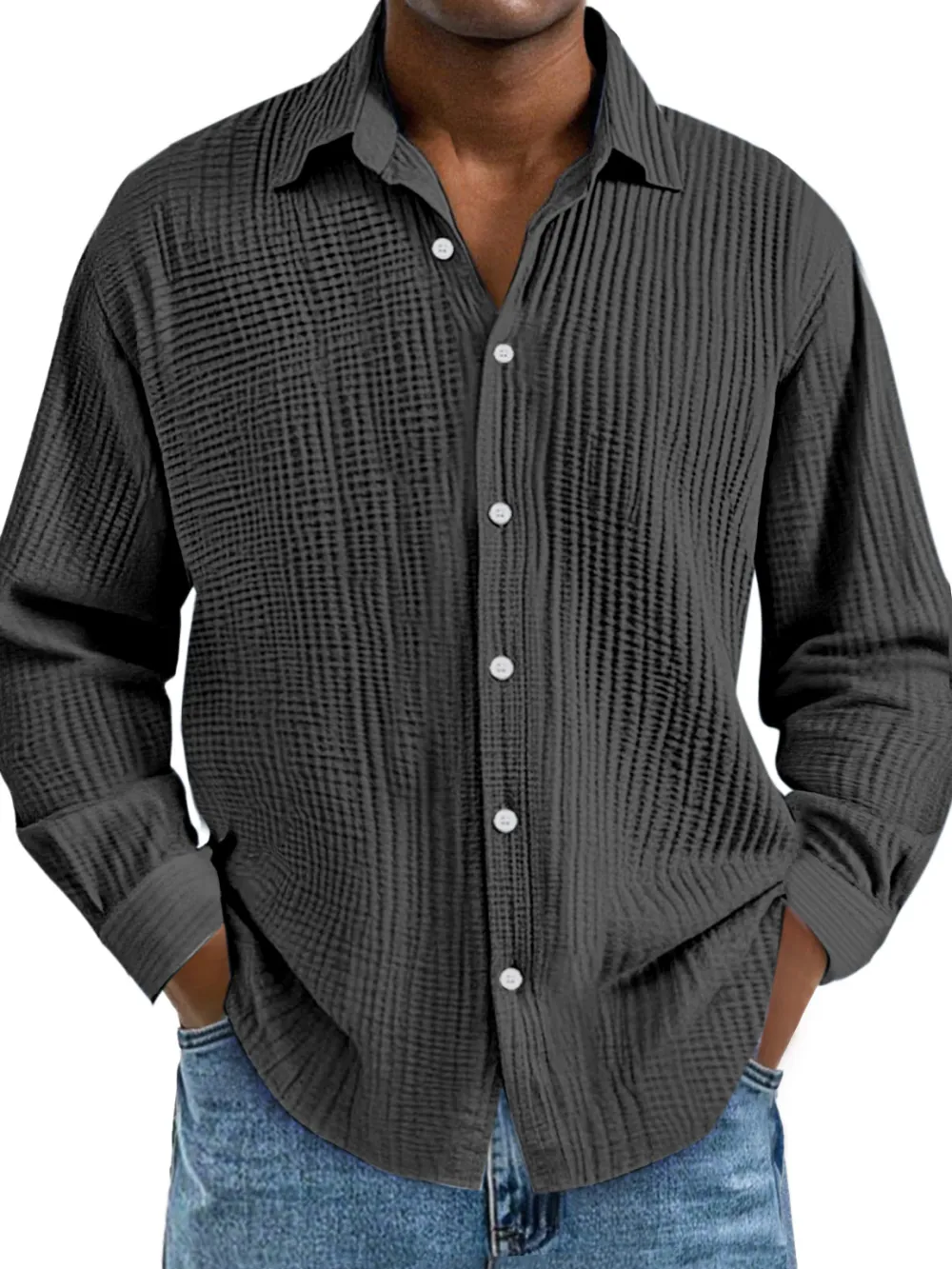 Relaxed Long Sleeve Open Collar Pleated Front Shirt