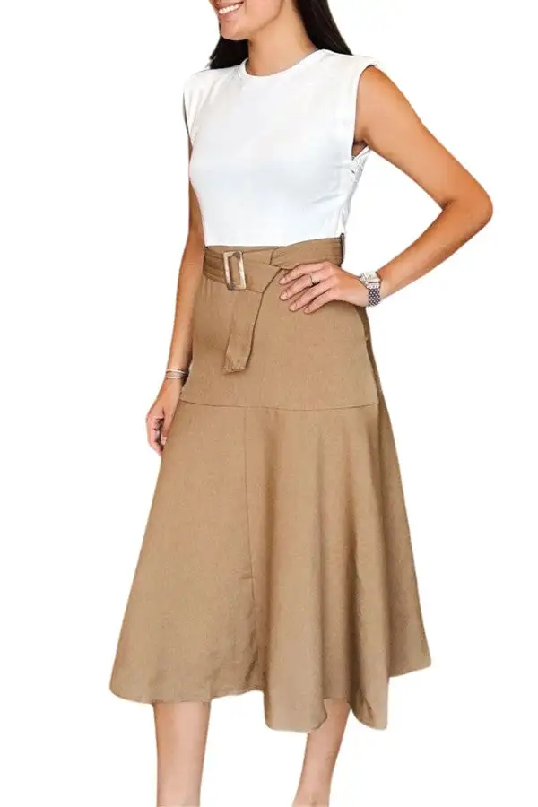 Women's Beige Belted Midi Wrap Dress