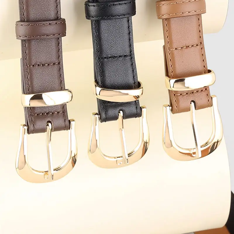 Modern Leather Skinny Belt with Golden Buckle