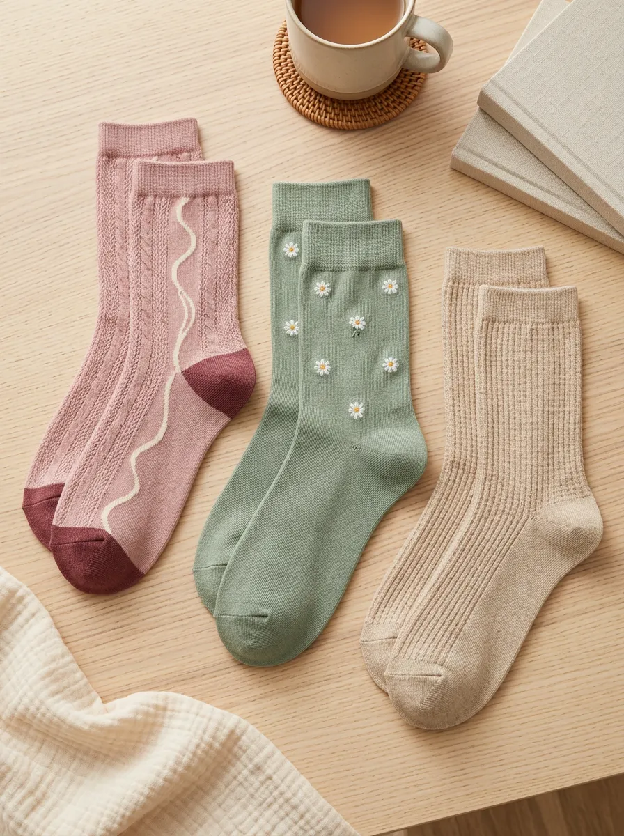 Women's Floral Daisy Wavy Stripe Embroidered Printed Socks Set