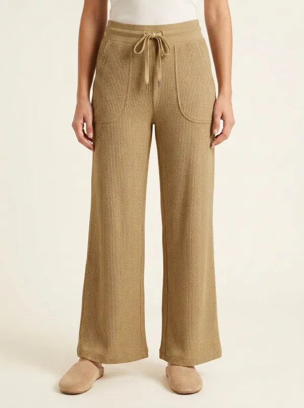 Women's Casual Lounge Waffle Knit Drawstring Wide Leg Pants