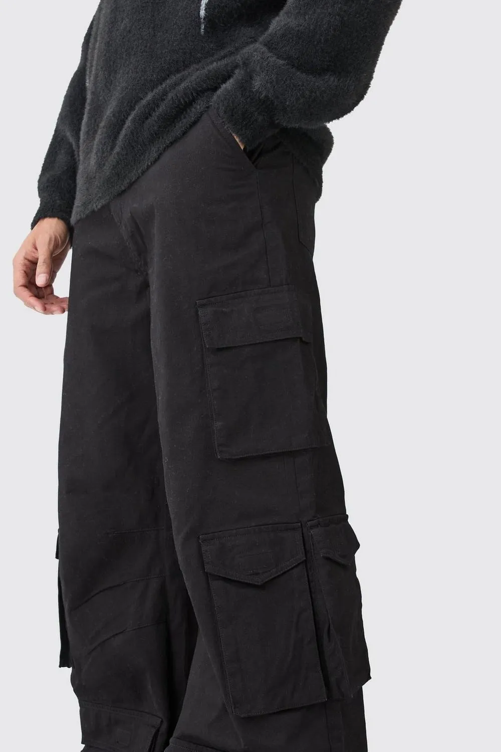 Black Extreme Baggy Rigid Multi Cargo Pocket Pants Daily