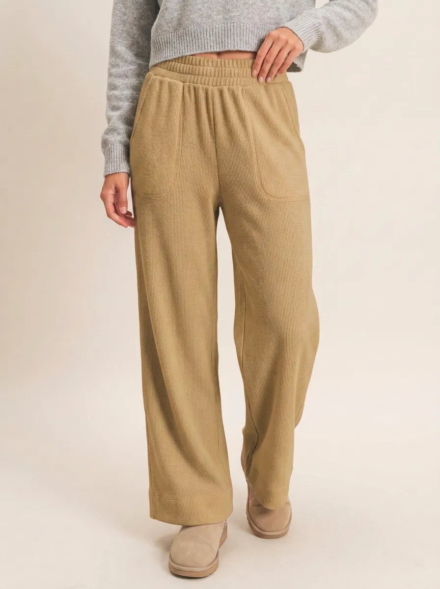 Women's Casual Lounge Waffle Knit Elastic Waist Wide Leg Pants
