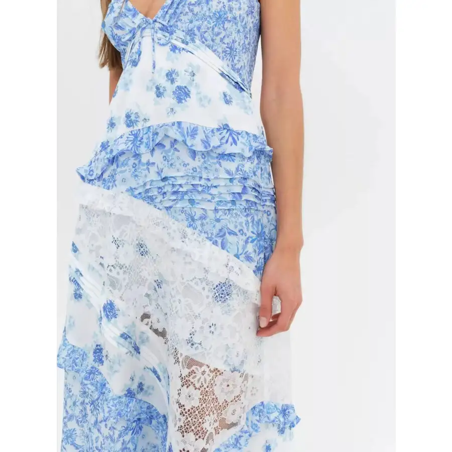Lace Detail Ruffled Floral V Neck Maxi Dress