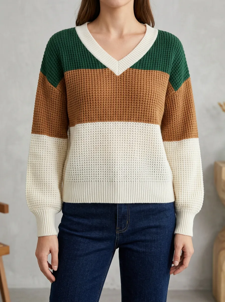 V Neck Sweater with Colorblock Panels and Waffle Knit Texture