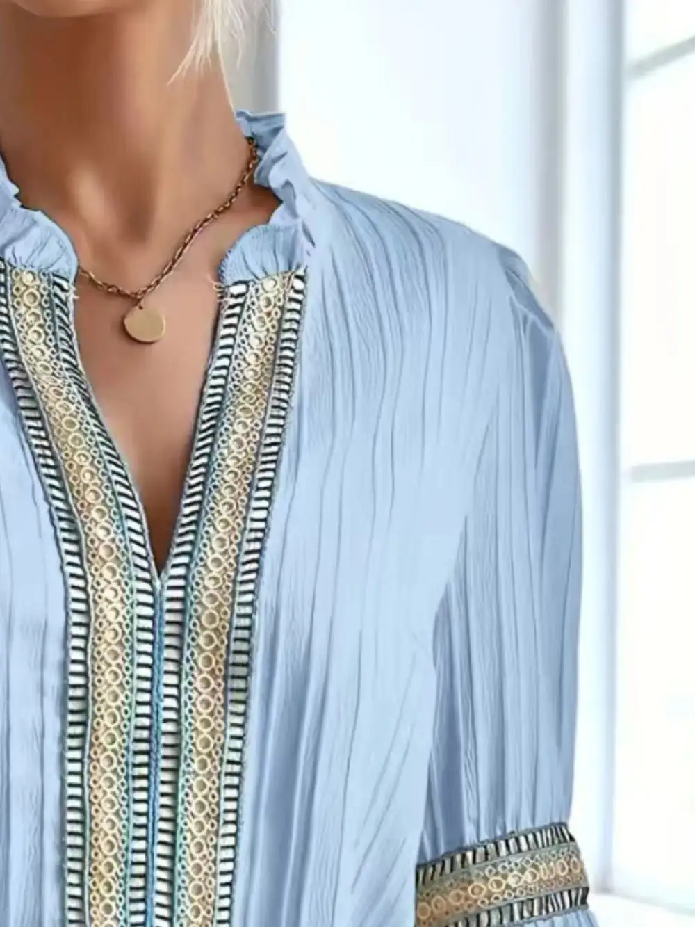 Refined Notched-Neck Balloon-Sleeve Blouse