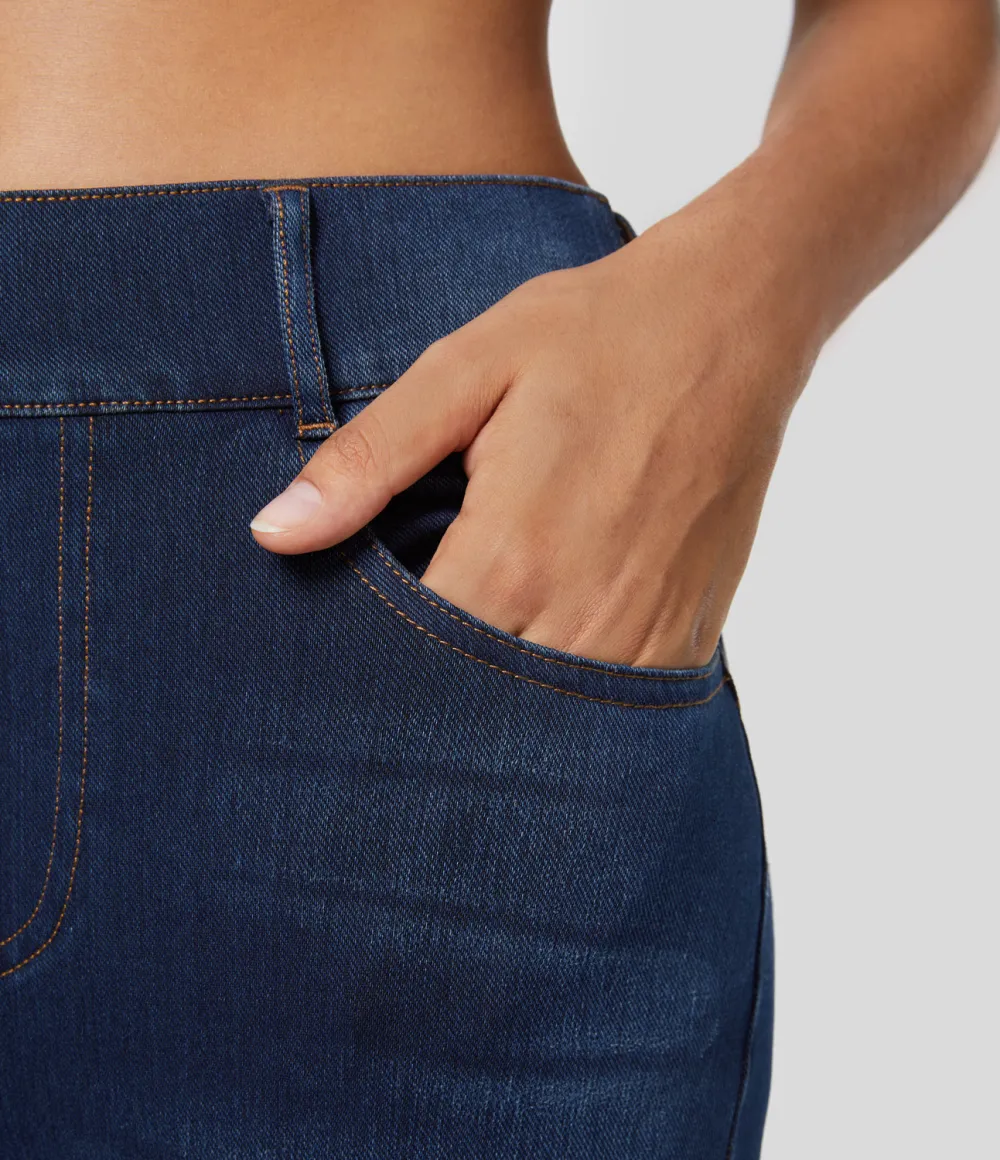 Magic High Waisted Multiple Pockets Stretchy Knit Denim Work Full Length Flare Leggings