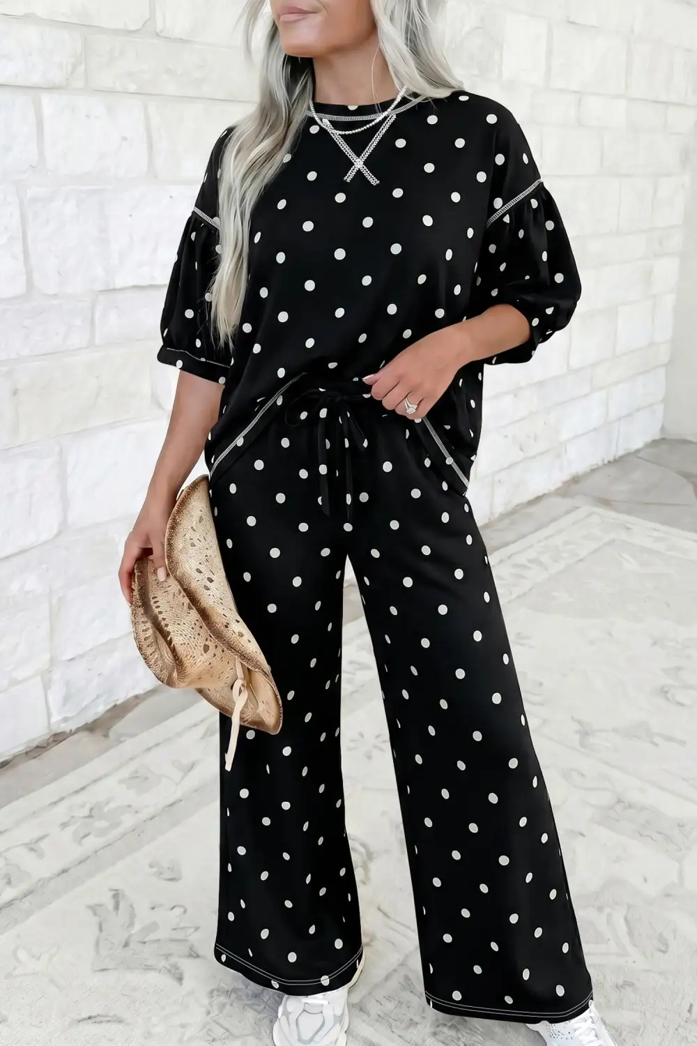 Women's Polka Dot Half Sleeve Loose Top Elastic Waist Casual Pants Set