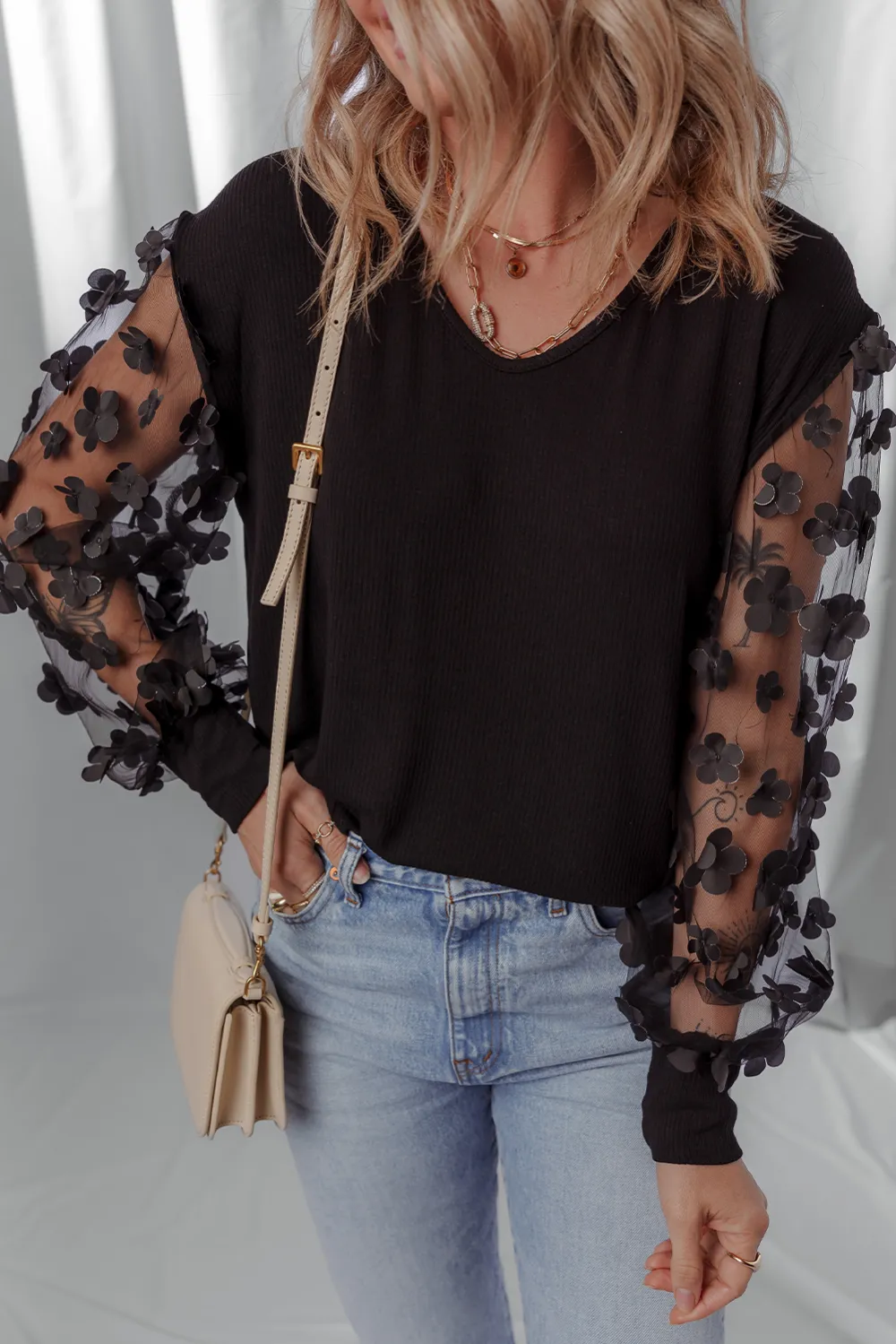 Black Flower Applique Mesh Long Sleeve Blouse