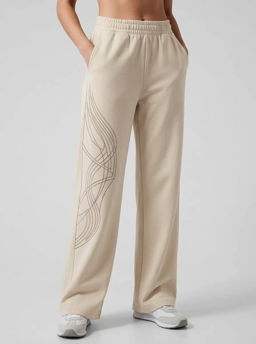 Women's Beige Linear Wave Graphic Wide-Leg Sweatpants