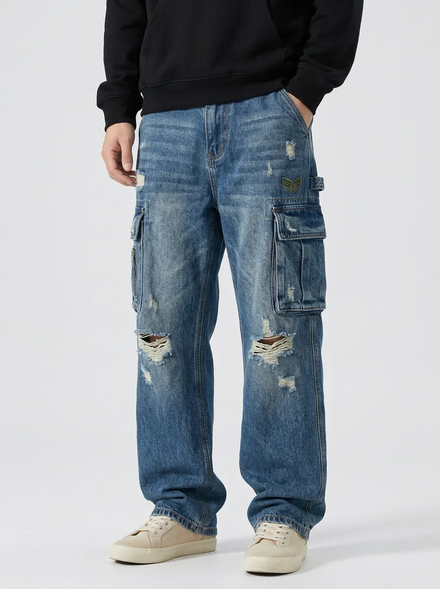 Men's Military Style Distressed Denim Cargo Jeans