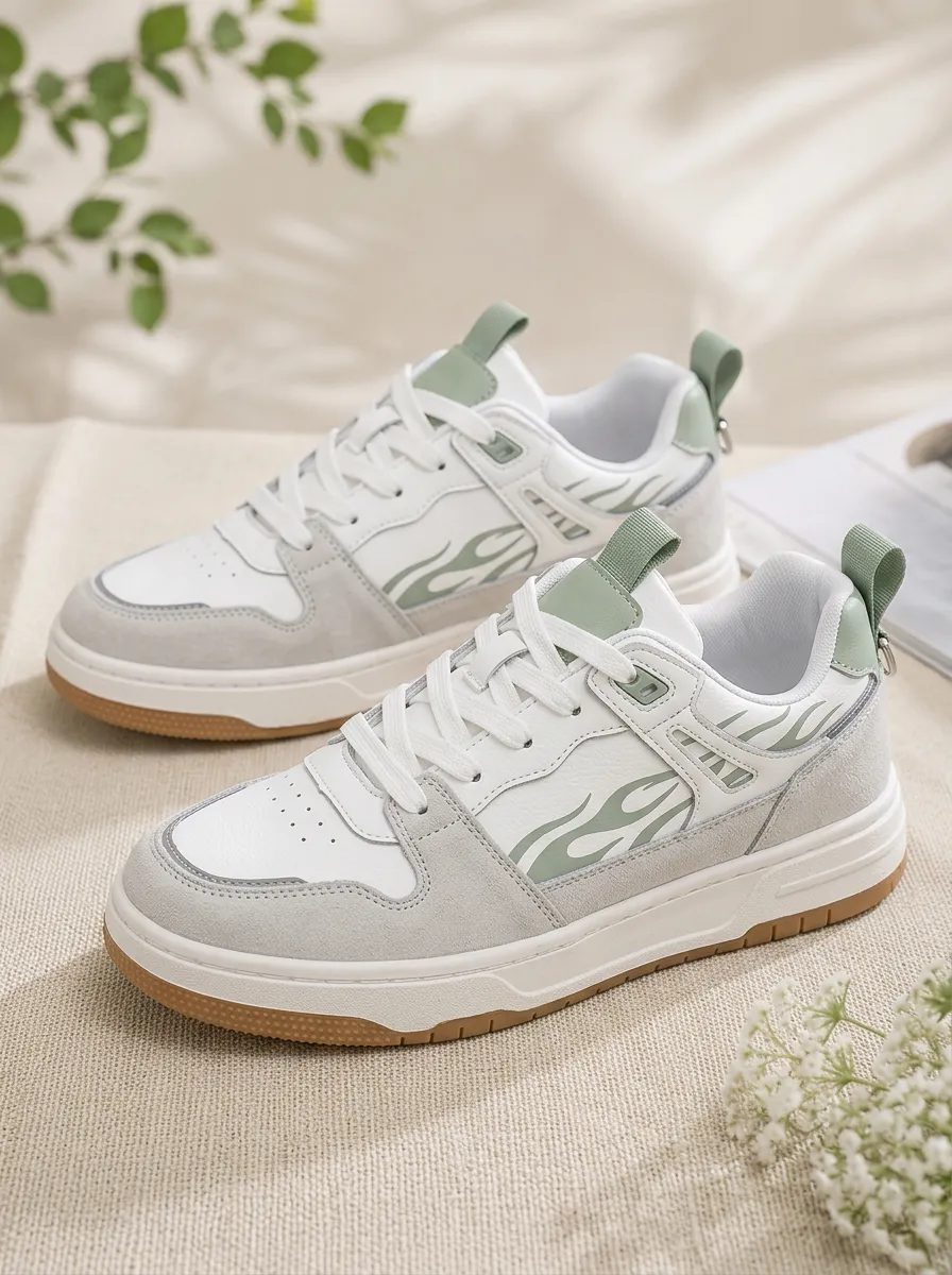 Men's Sage Green Flame Pattern Printed Skate Shoes