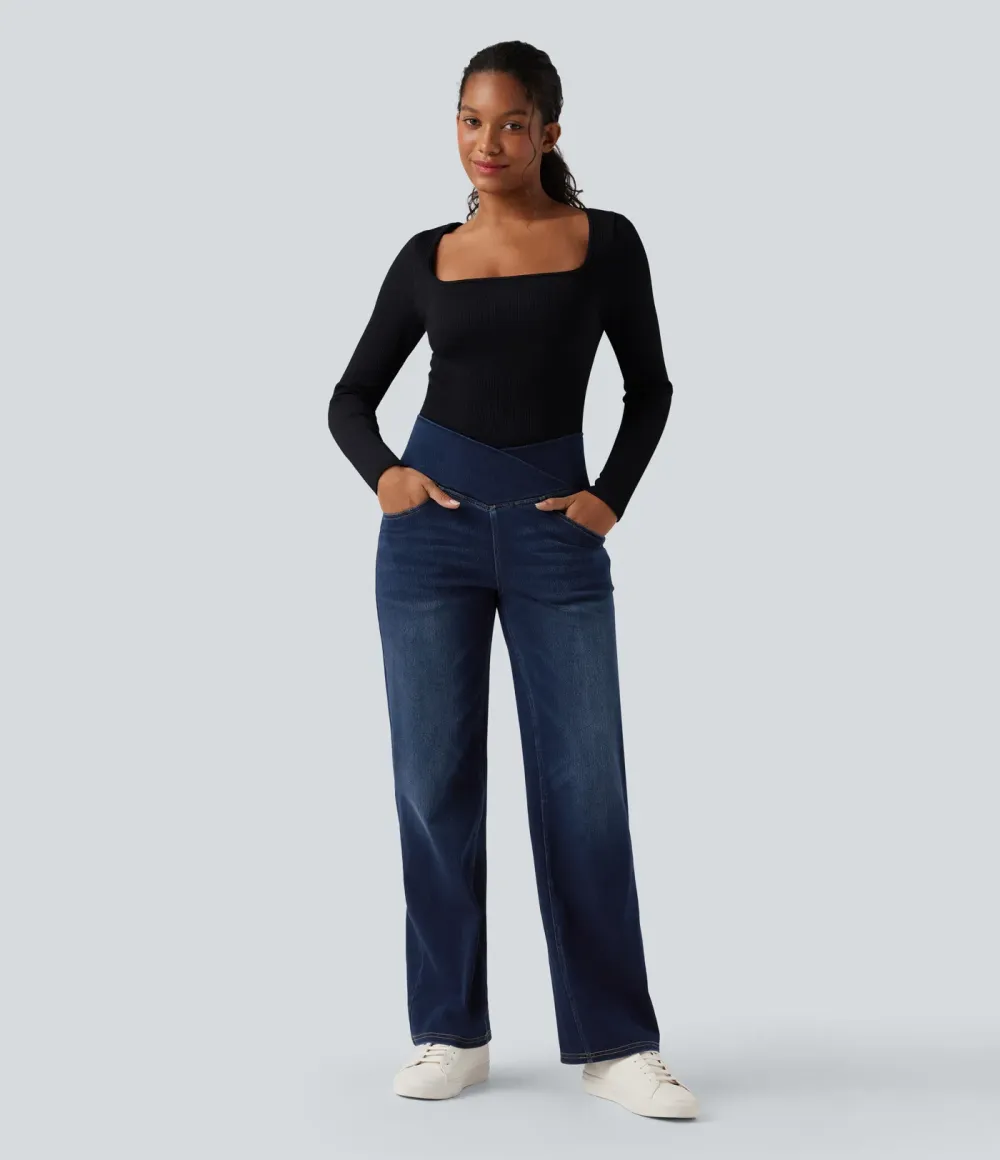 High-waisted, relaxed, crossover straight-leg jeans with  pockets