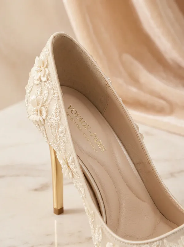 Pearl Floral Lace-Detail Lace-Up Women's Formal High Heels