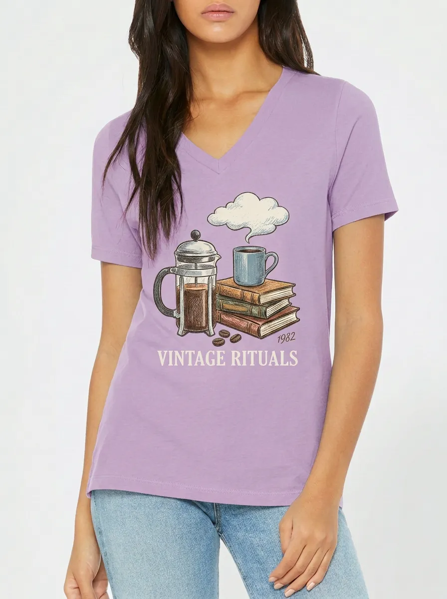 Women's Coffee Book Vintage Rituals Graphic V-Neck T-Shirt