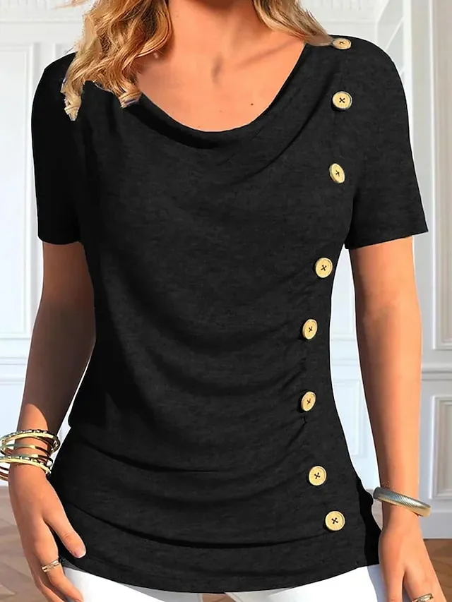 Women's T shirt Tee Blouse Black Red Navy Blue Plain Button Short Sleeve Casual Basic Round Neck Regular S