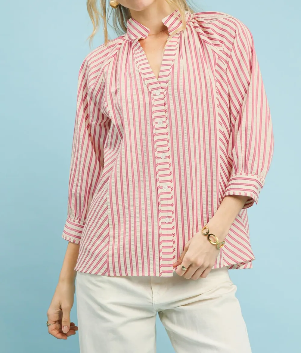 Classic Striped V Neck Button Down Top