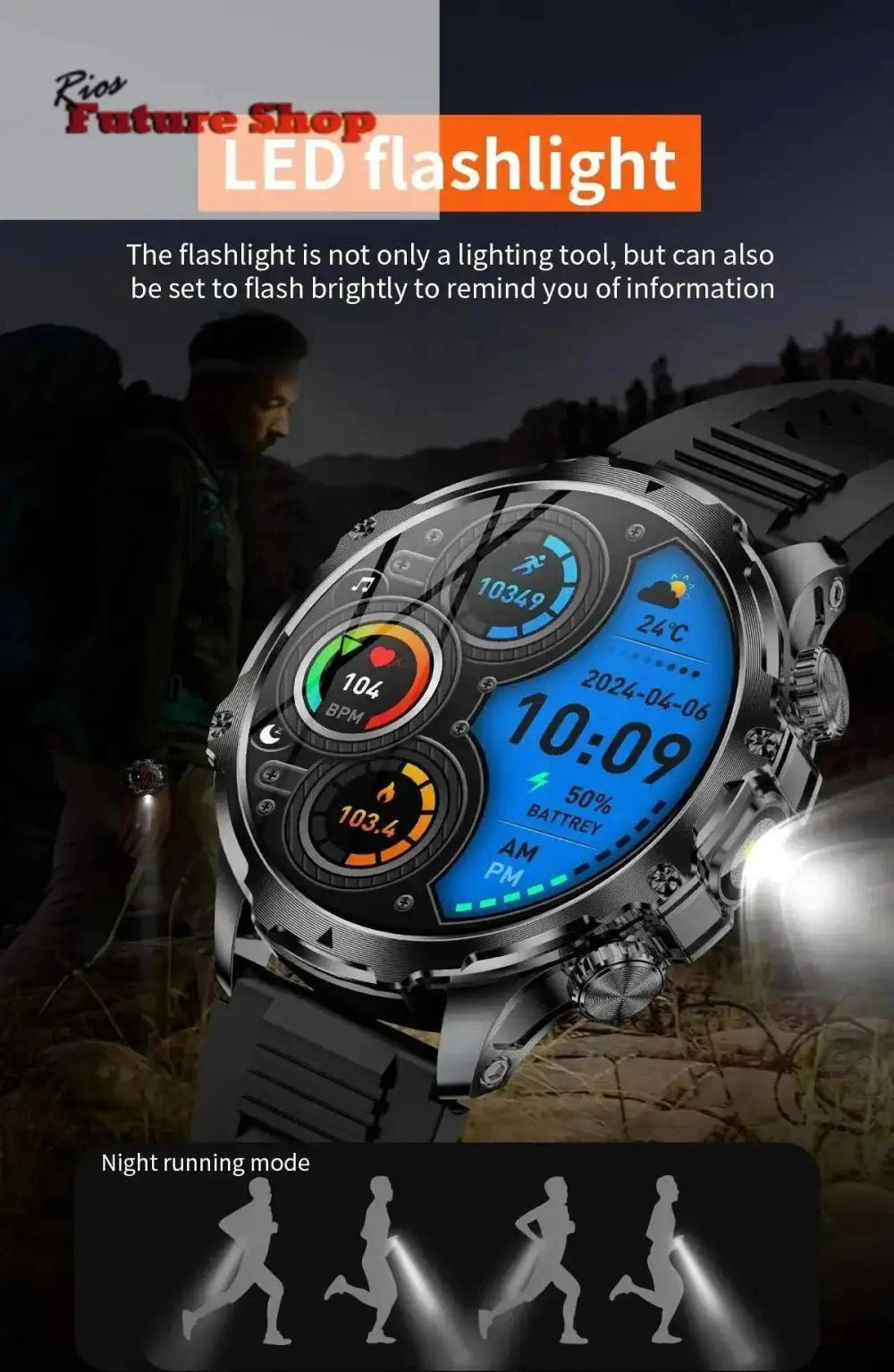 Smart Watch Flashlight Men Outdoors Sports