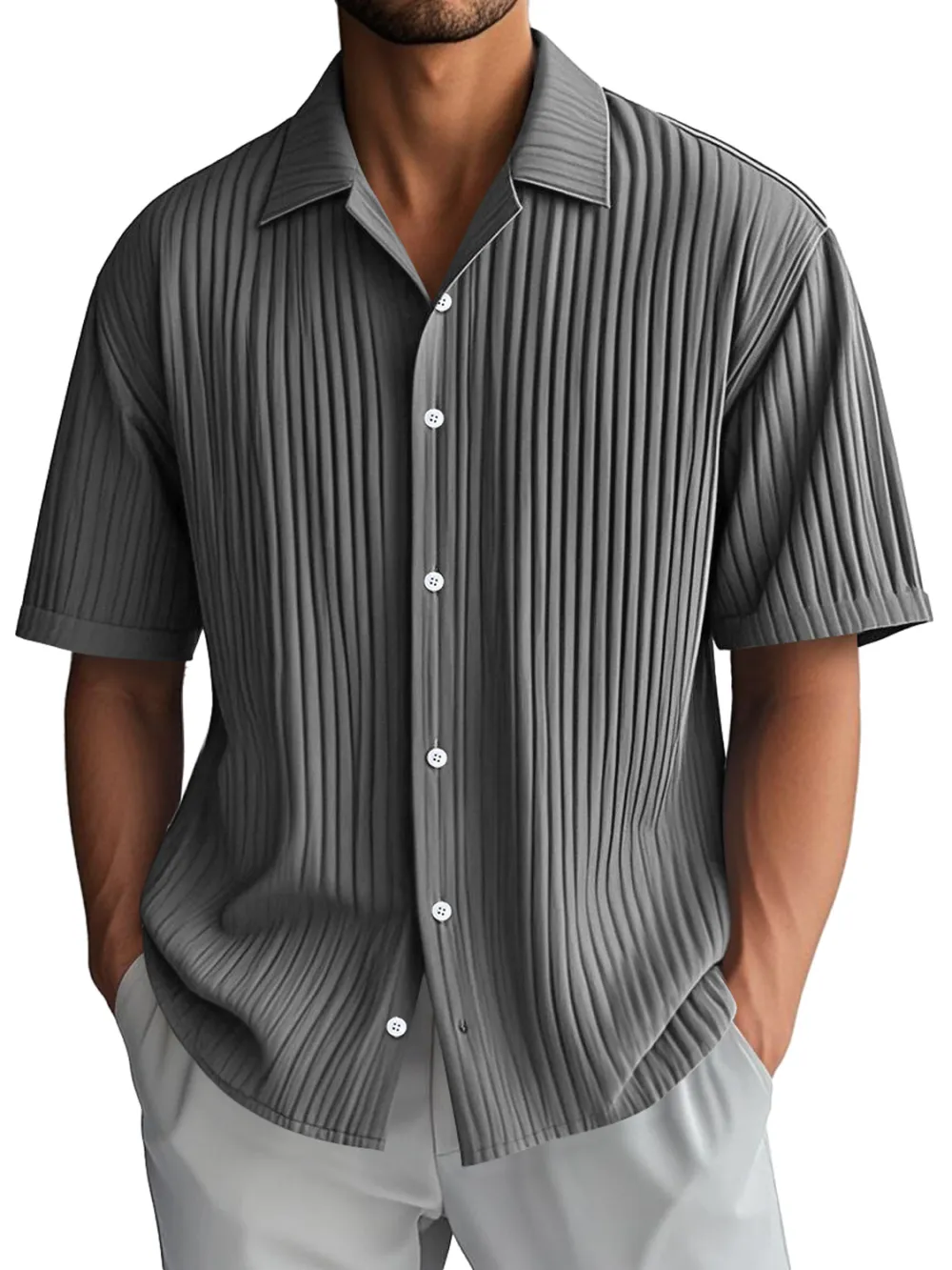 Ribbed Knit Camp Collar Shirt