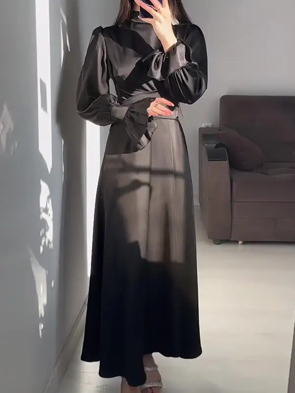 Sleeves Color Pleated Long Neck Maxi Dress