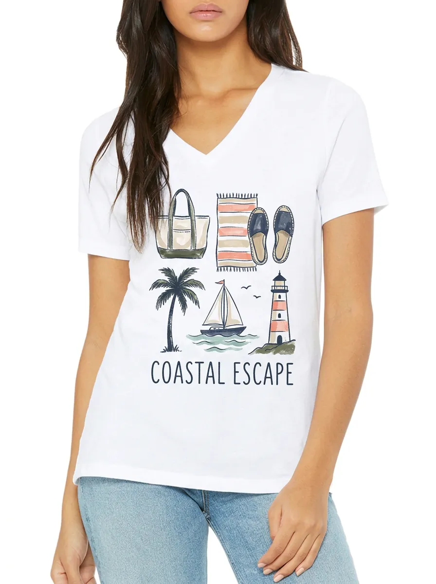 Women's Coastal Escape Beach Vacation Lighthouse Printed V-neck T-shirt