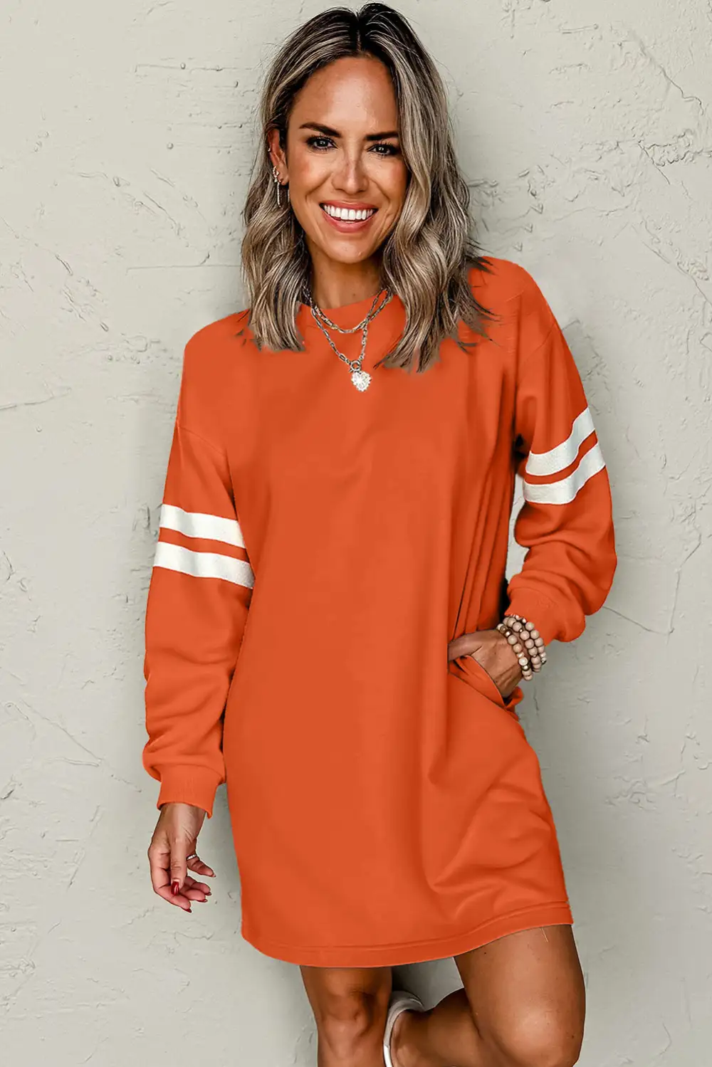 Varsity Contrast Banded Sleeve Shift Sweatshirt Dress