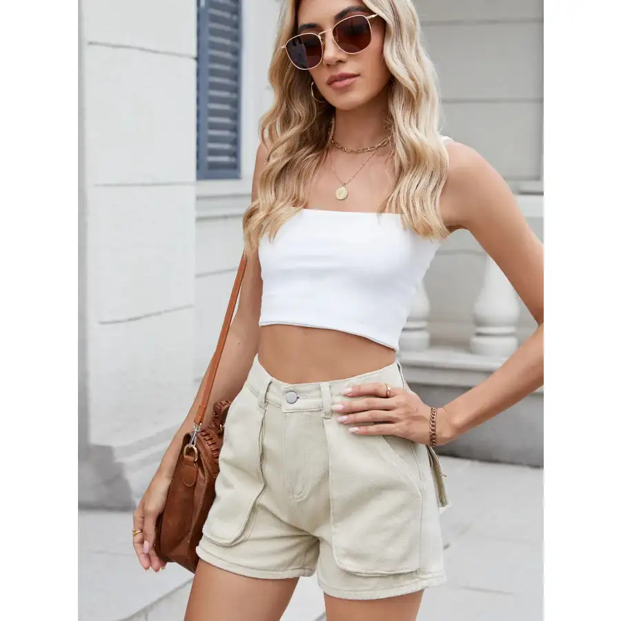 High Waist Pocketed Utility Denim Shorts
