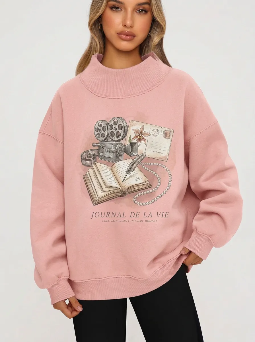 Women's Vintage Film Book Feather Graphic Sweatshirt