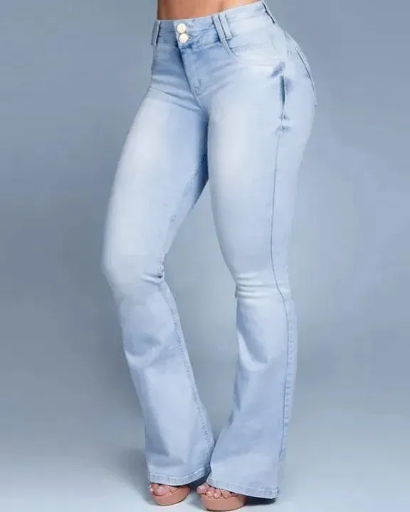 Button Front Butt Lifting Flare Jeans