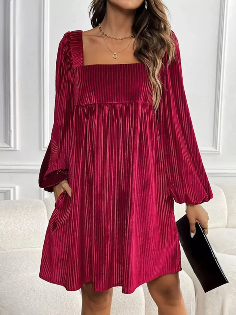 Soft Touch Velvet Square Neck Long Sleeve Dress