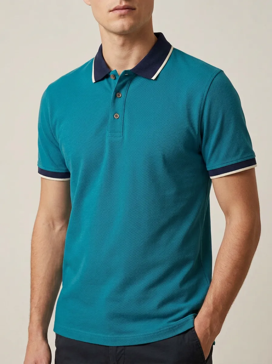 Men's Casual Blue Contrast Collar Tipped Sleeve Polo Shirt