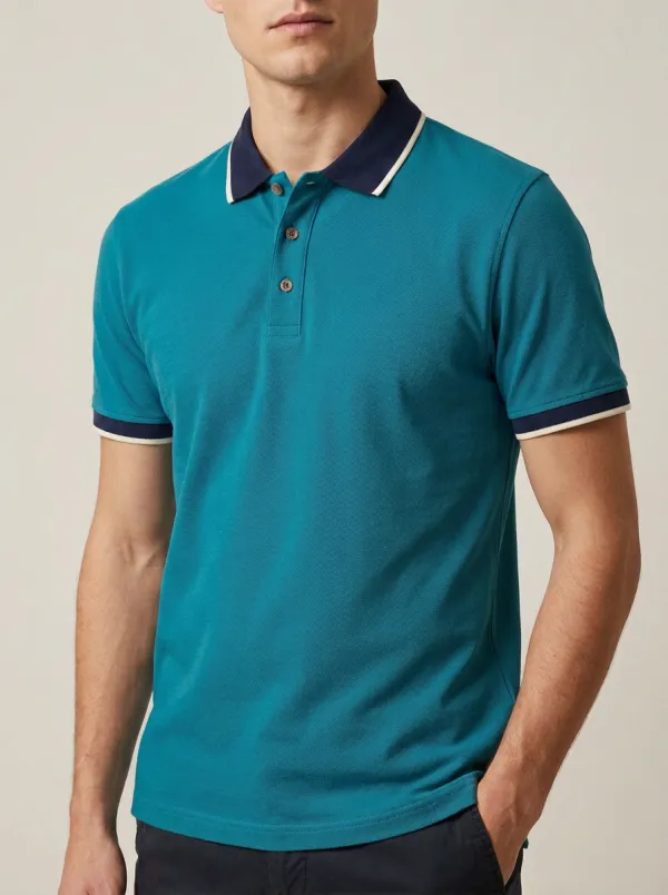 Men's Casual Blue Contrast Collar Tipped Sleeve Polo Shirt
