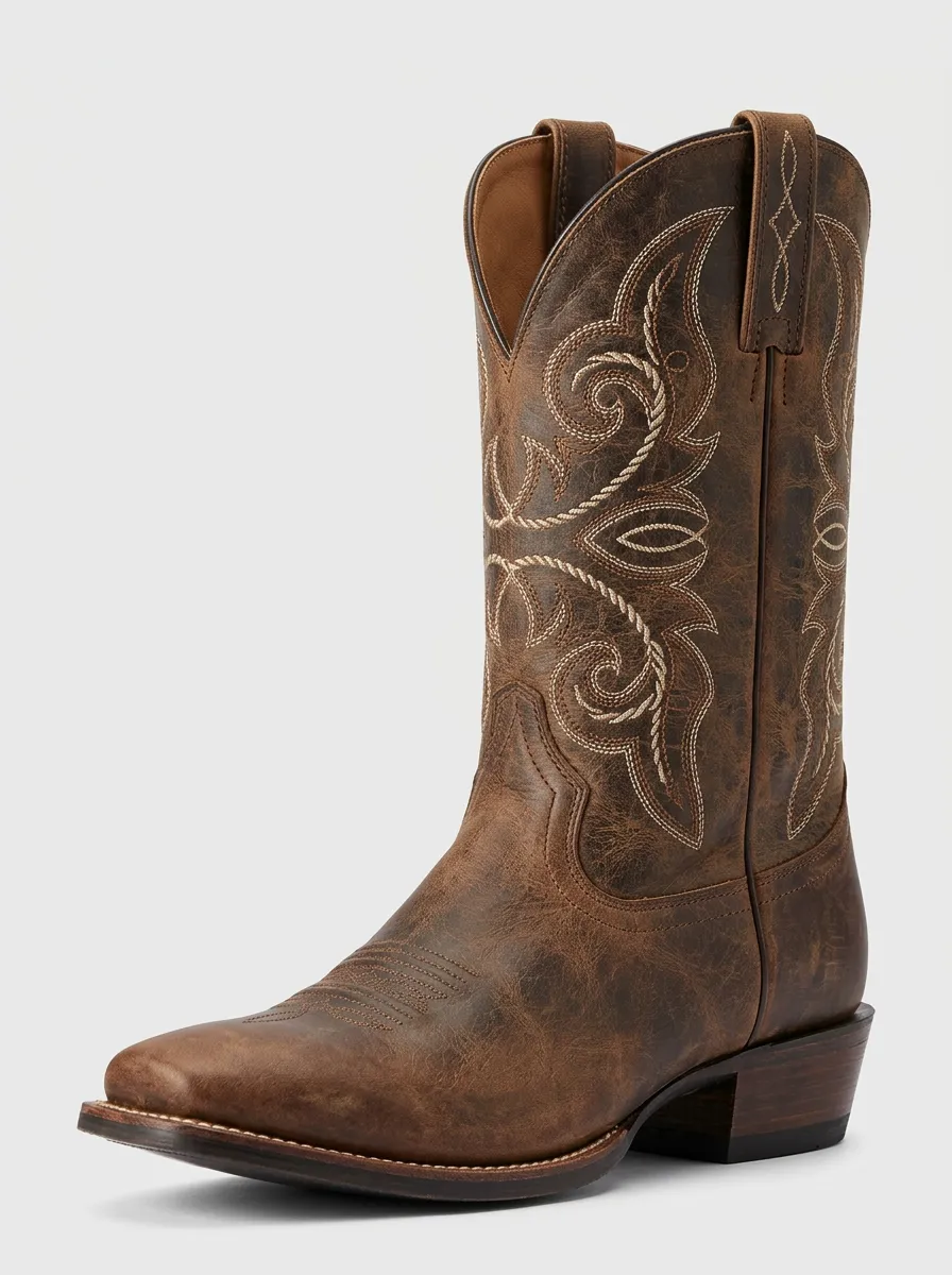 Unisex Open-Range Embroidered Leather-Look Profile Western Cowboy Boots