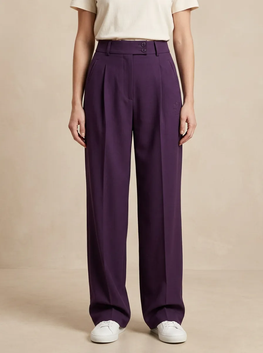 Casual Embroidered High Rise Wide Leg Trousers