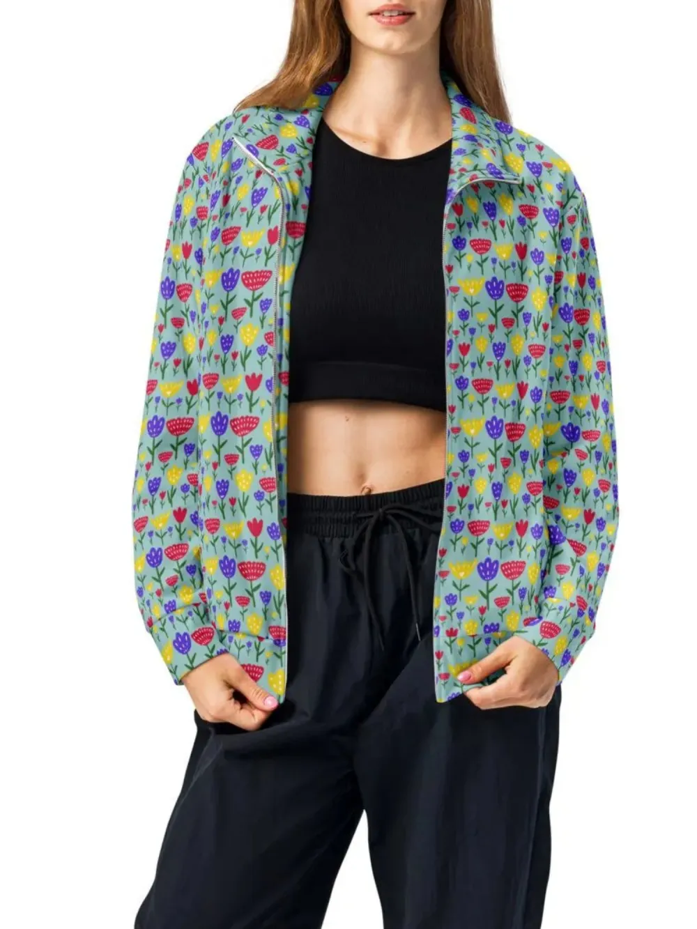 Colorful Tulip Print Zip-Up Jacket