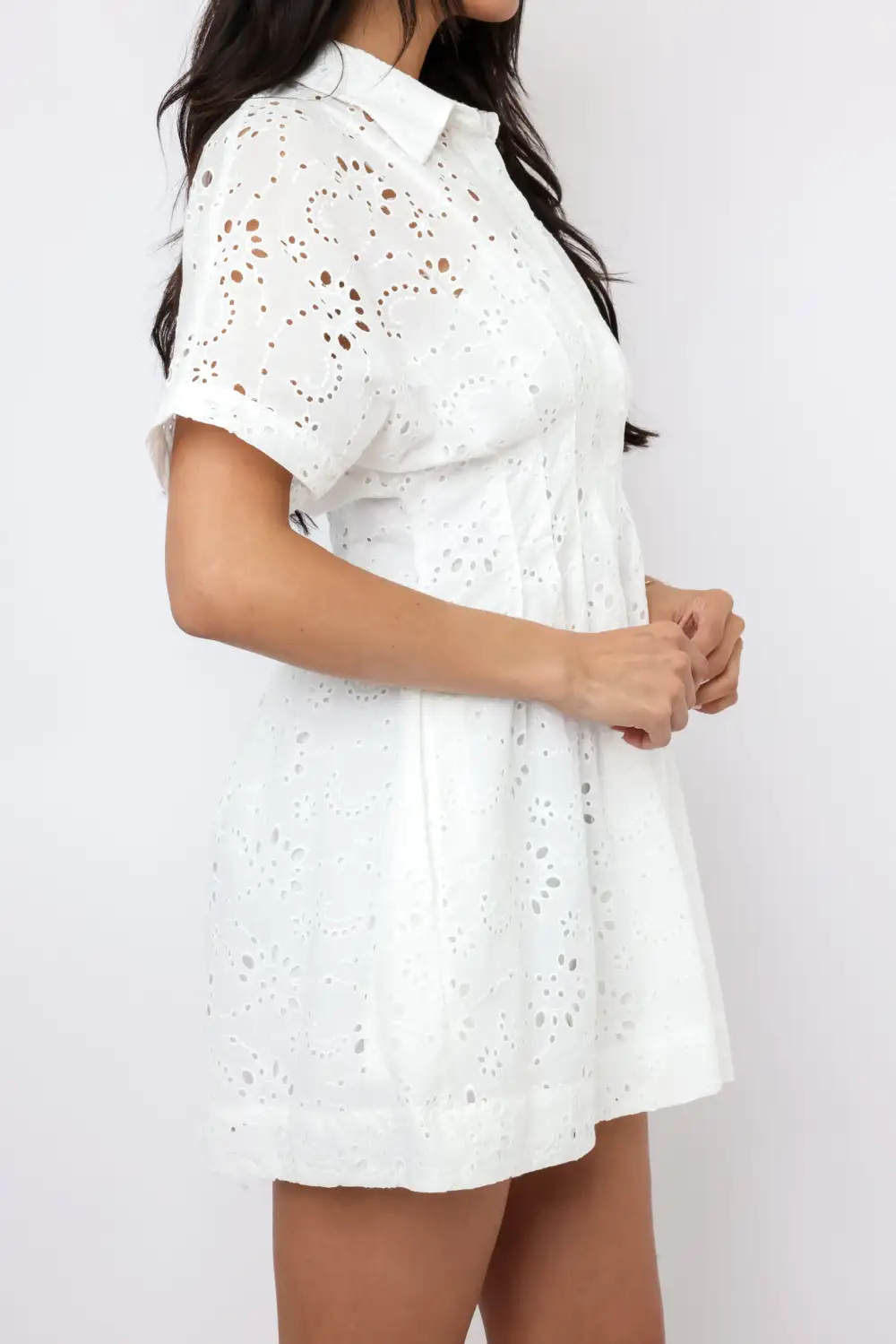 Eyelet Pleated Button Down Mini Dress