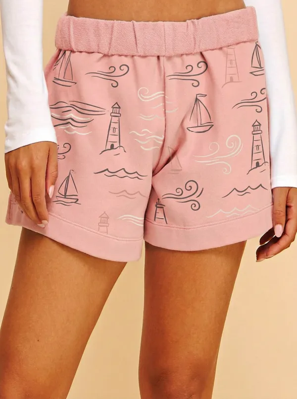 Women's Nautical Lighthouse Sailboat Graphic Shorts