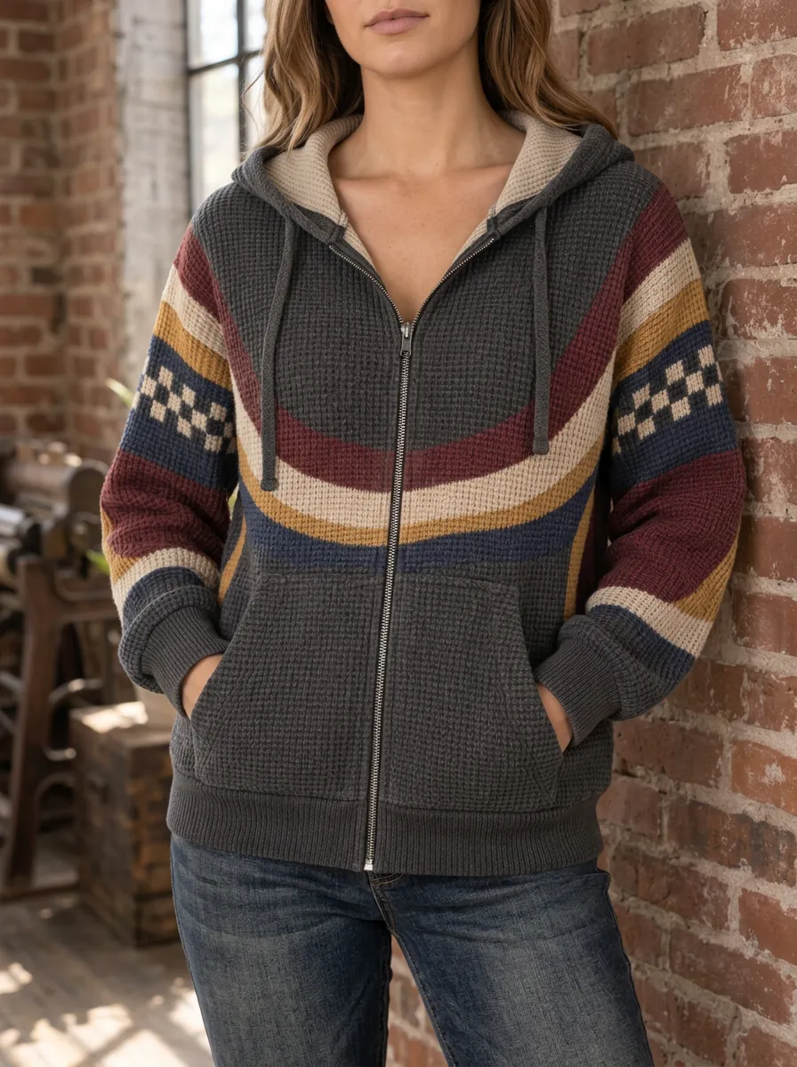 Women's Vintage Striped Waffle Knit Patterned Zip-up Hoodie