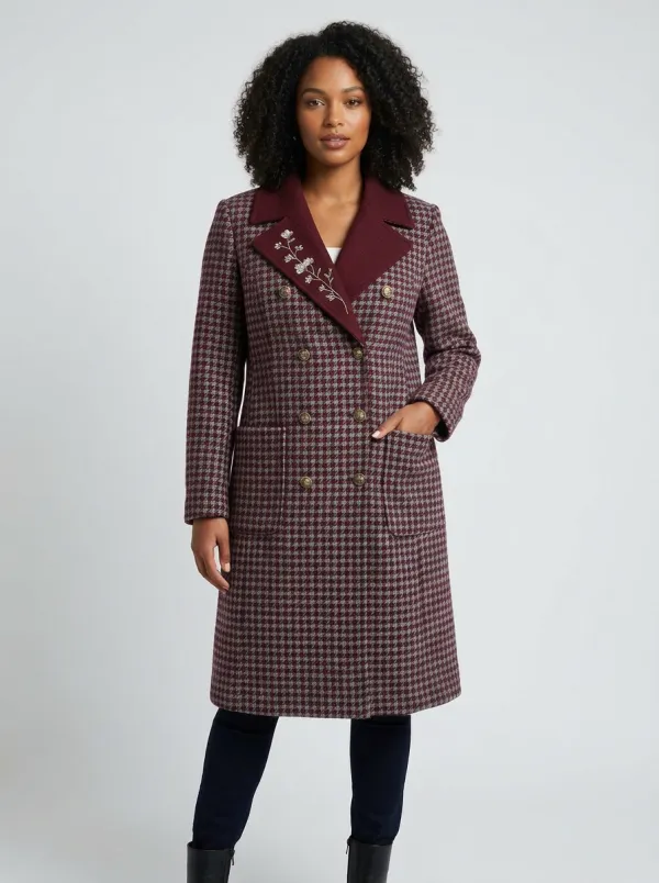 Women's Floral Embroidered Houndstooth Pattern Coat
