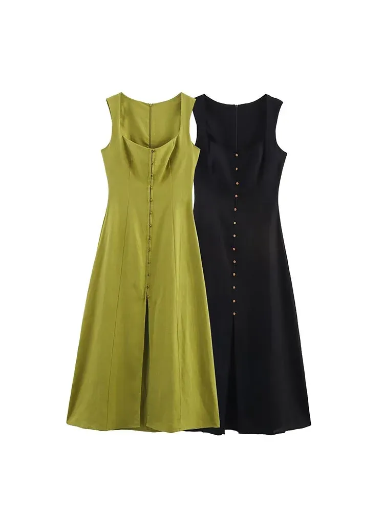 Sleeveless Linen Blend Midi Soft Drape Dress