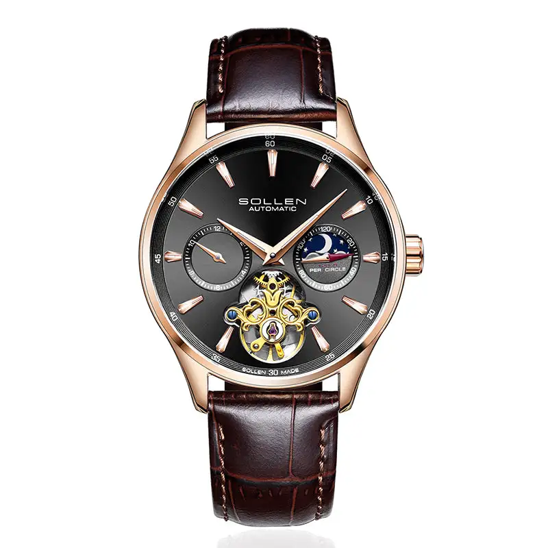 Sollen SL306 Men's Open Heart Automatic Mechanical Watch - 41mm Stainless Steel Case Moon Phase Dual Time Luminous Dial Wristwatch