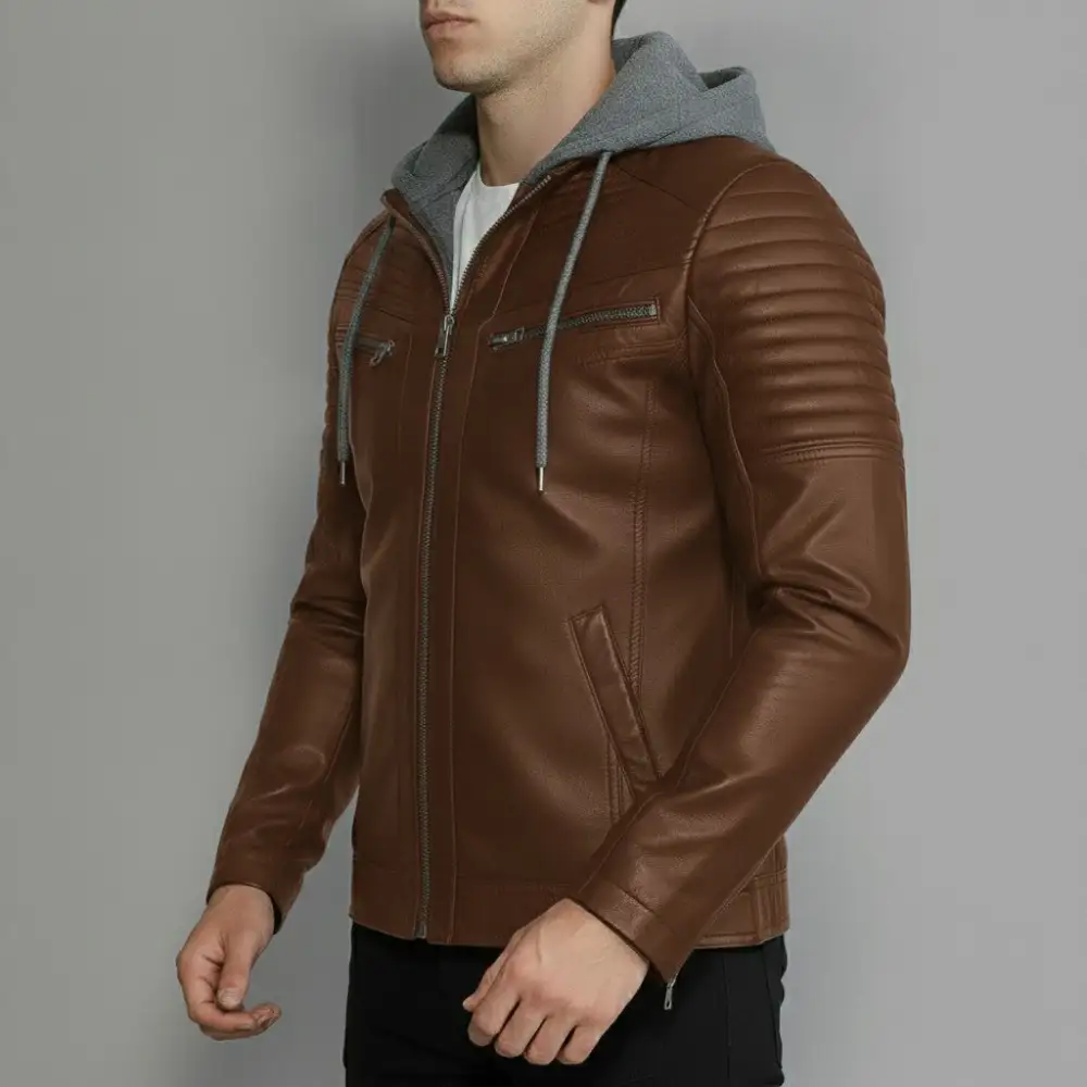 Classic Leather Biker Hooded Jacket